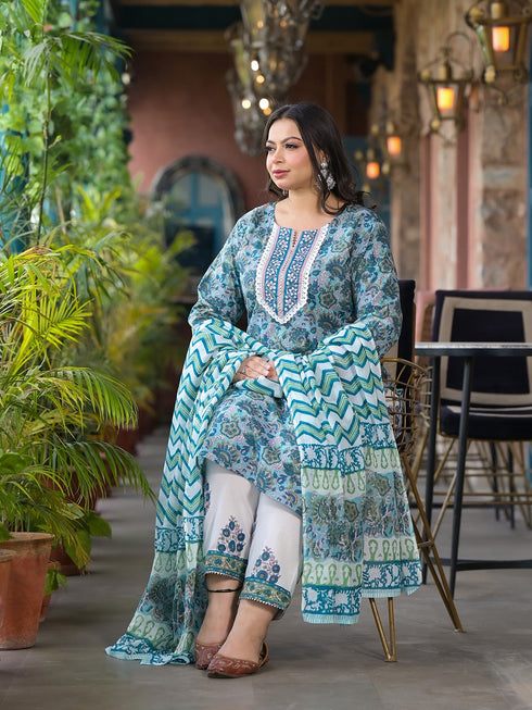Women Plus Size Green Pure Cotton Kurta Set With Dupatta